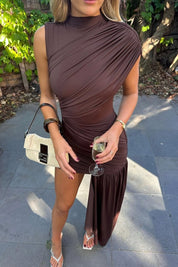 Asymmetric Ruched Chocolate Brown Mini Dress