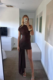 Asymmetric Ruched Chocolate Brown Mini Dress