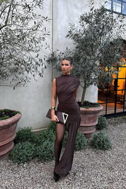 Asymmetric Ruched Chocolate Brown Mini Dress