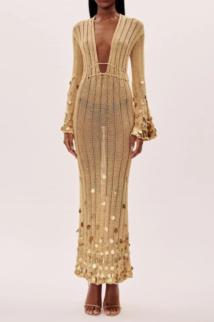 Gold Knit Maxi Dress with Sequins