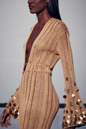 Gold Knit Maxi Dress with Sequins