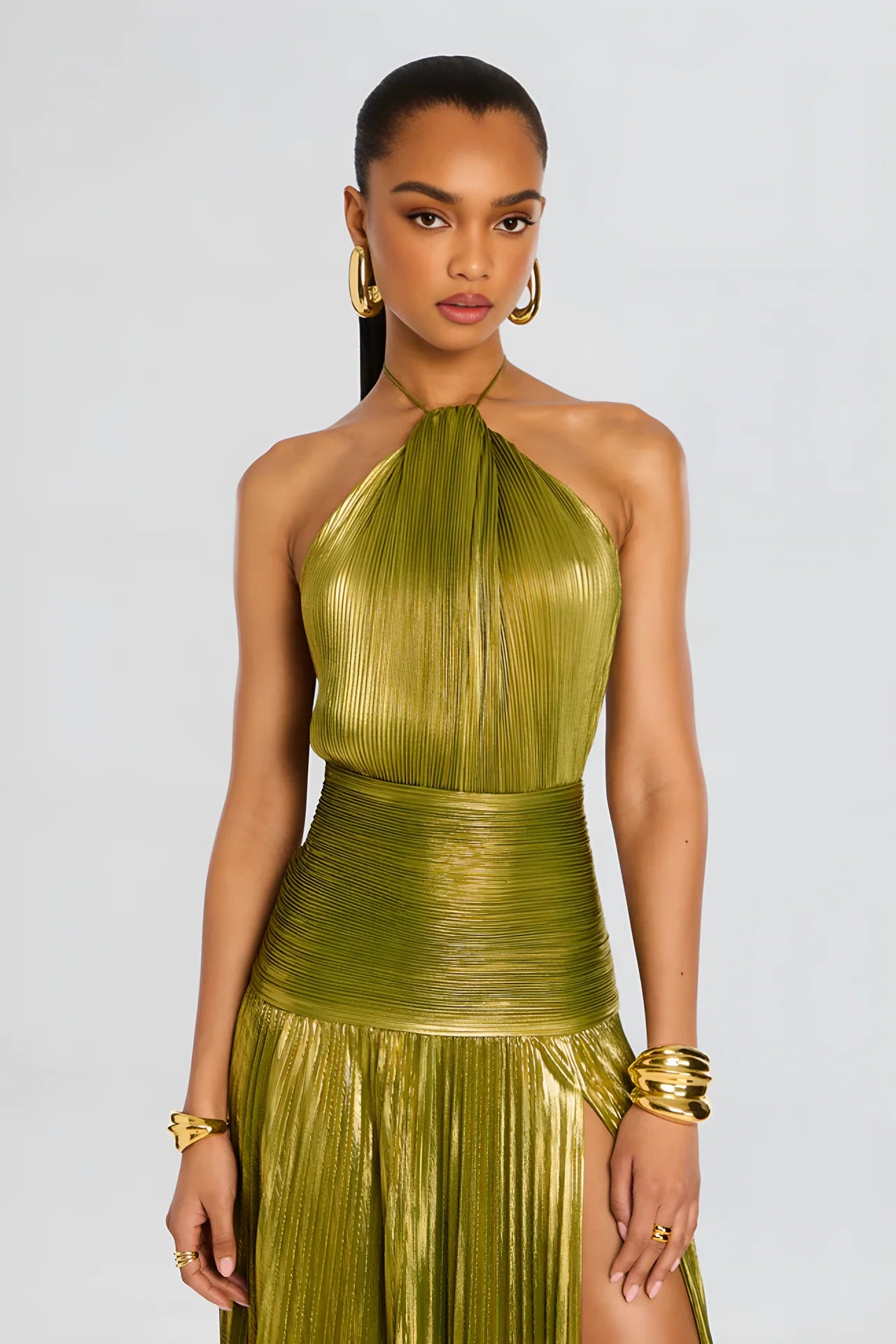 Metallic Pleated Halter Maxi Dress