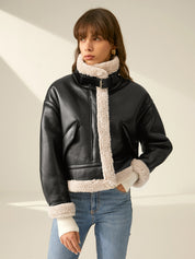 Faux Leather Flight Jacket with Sherpa Lining