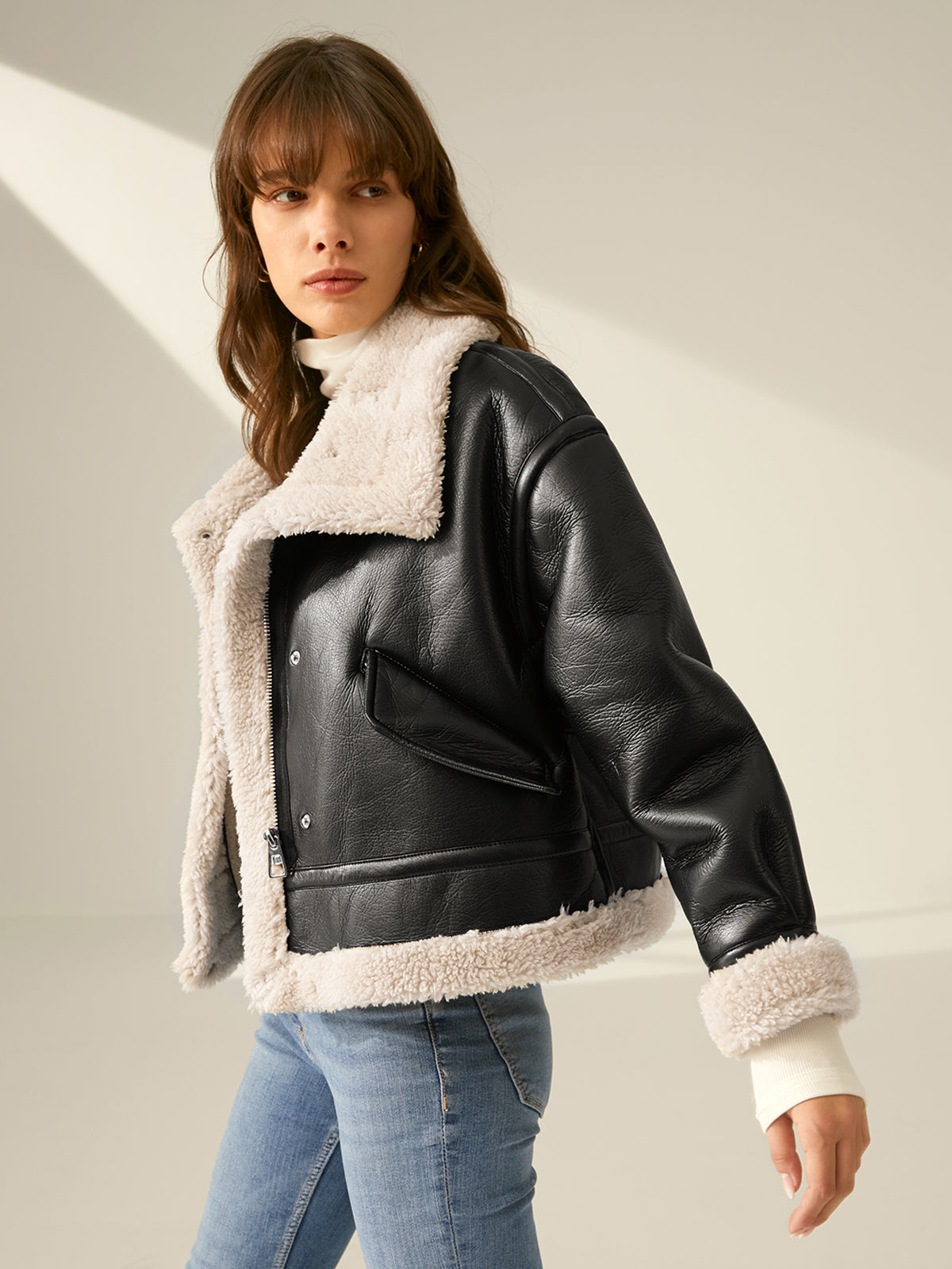 Faux Leather Flight Jacket with Sherpa Lining