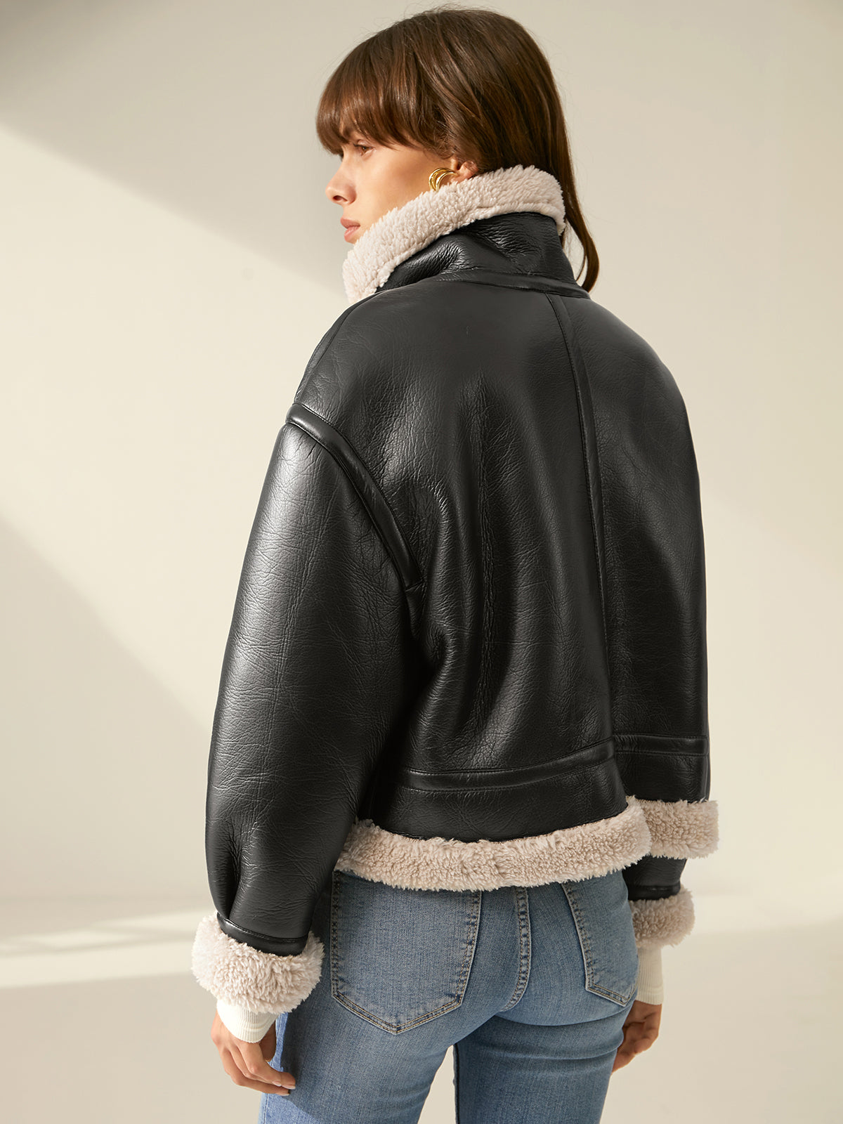 Faux Leather Flight Jacket with Sherpa Lining