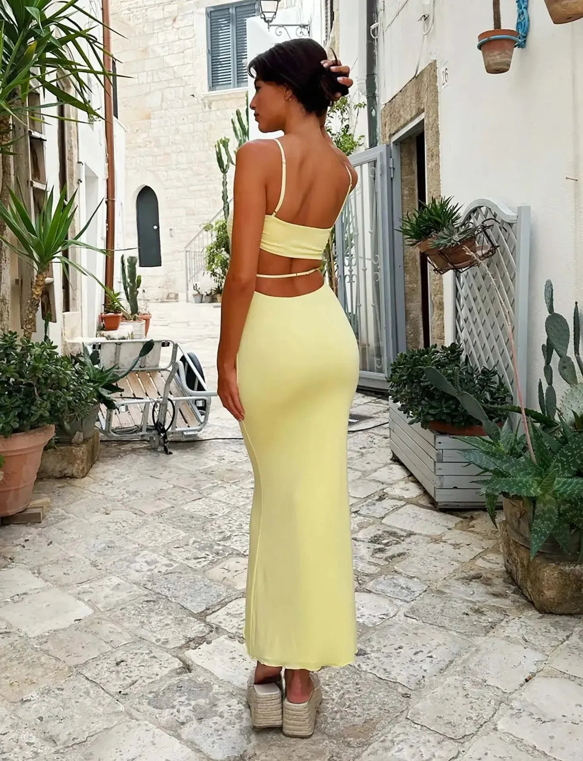 Yellow Backless Bodycon Maxi Dress