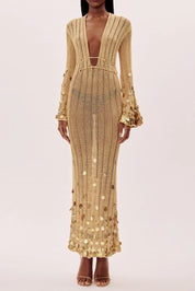 Gold Knit Maxi Dress with Sequins