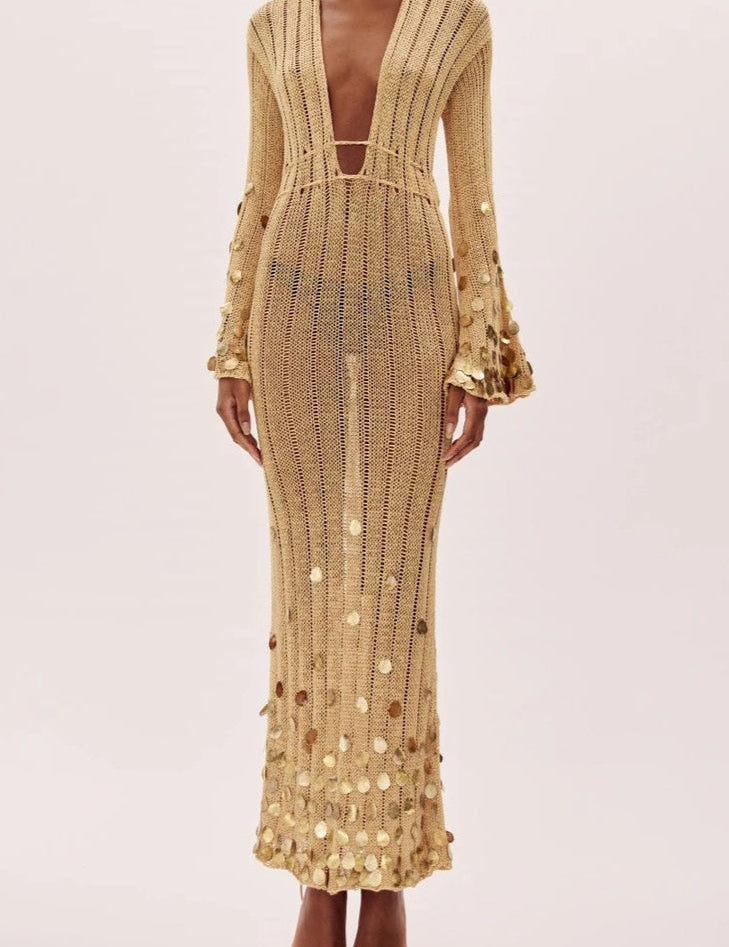 Gold Knit Maxi Dress with Sequins