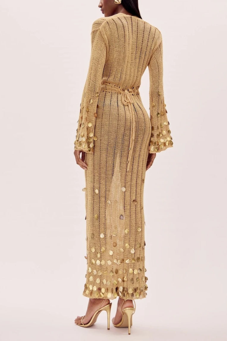 Gold Knit Maxi Dress with Sequins