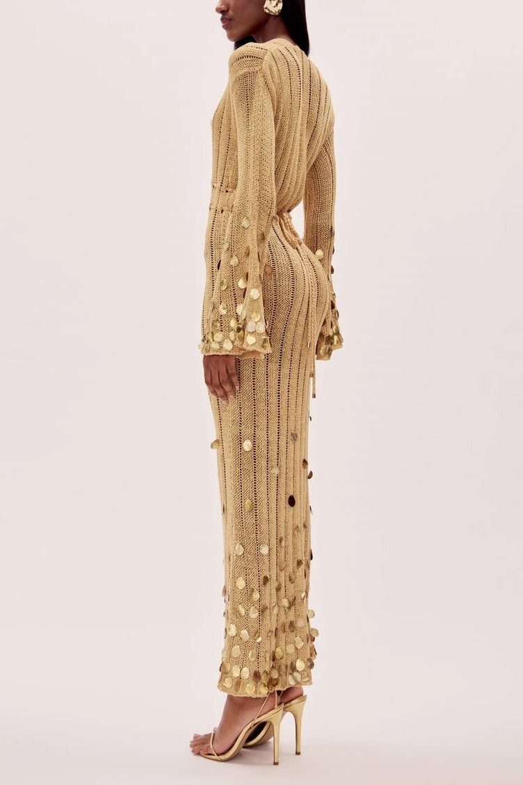 Gold Knit Maxi Dress with Sequins