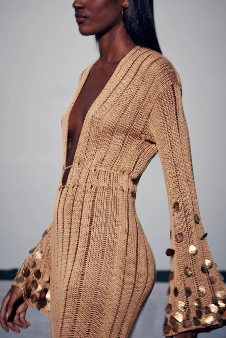 Gold Knit Maxi Dress with Sequins