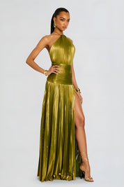 Metallic Pleated Halter Maxi Dress