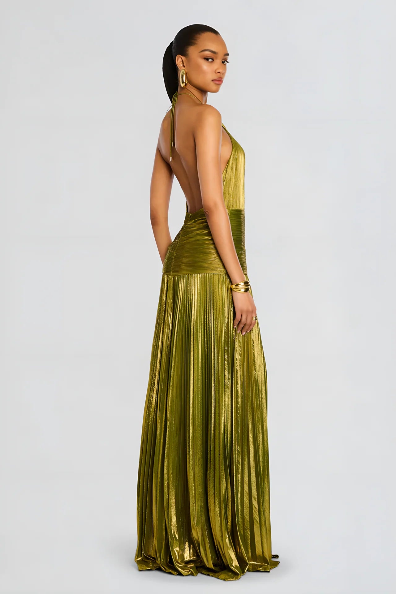 Metallic Pleated Halter Maxi Dress
